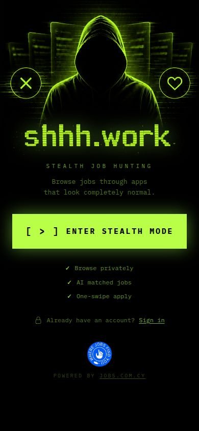 SHHH.WORK landing screen with stealth hooded figure