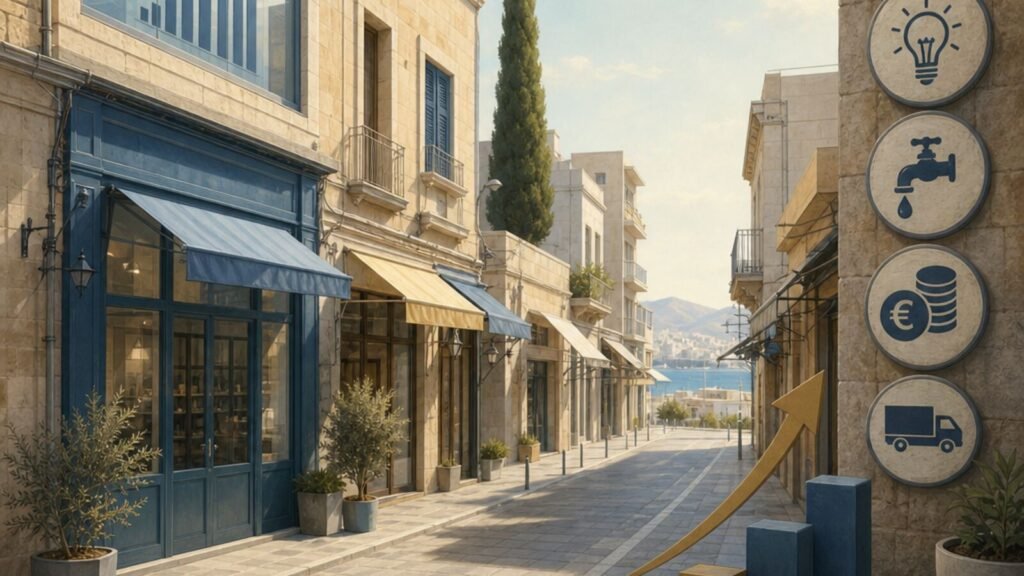 AI-generated illustration of a fictional Mediterranean commercial street